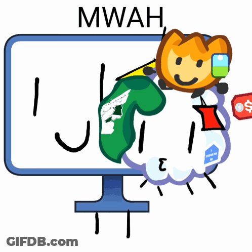 A Cartoon Character With The Word Mwah Written On It GIF