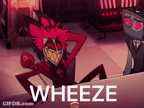 A Cartoon Character With The Word Wheeze In White Letters GIF