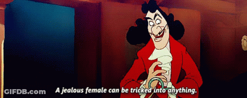 A Cartoon Character With The Words " A Jealous Female Can Be Tricked Into Anything " On The Bottom GIF