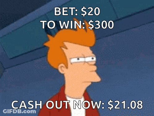 A Cartoon Character With The Words Bet $ 20 To Win $ 300 Cash Out Now $ 21.08 GIF