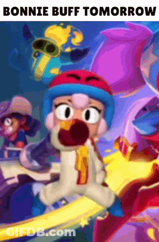 A Cartoon Character With The Words Bonnie Buff Tomorrow Written On It GIF