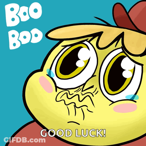 A Cartoon Character With The Words Boo Boo Good Luck Below It GIF