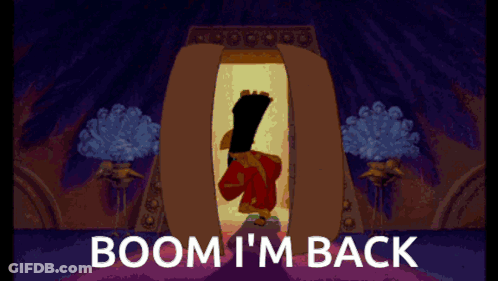 A Cartoon Character With The Words Boom I 'M Back Above Him GIF