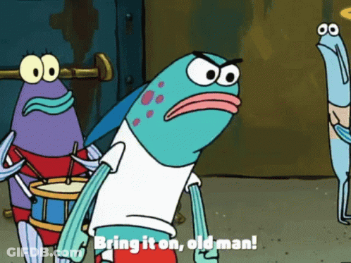 A Cartoon Character With The Words Bring It On Old Man GIF
