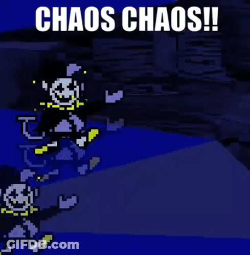 A Cartoon Character With The Words Chaos Chaos Written Above It GIF