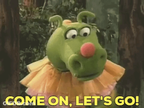 A Cartoon Character With The Words Come On Let 'S Go Written On The Bottom GIF