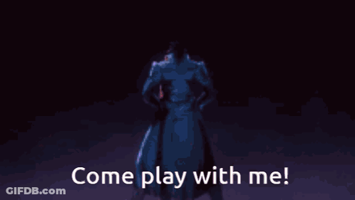 A Cartoon Character With The Words Come Play With Me GIF