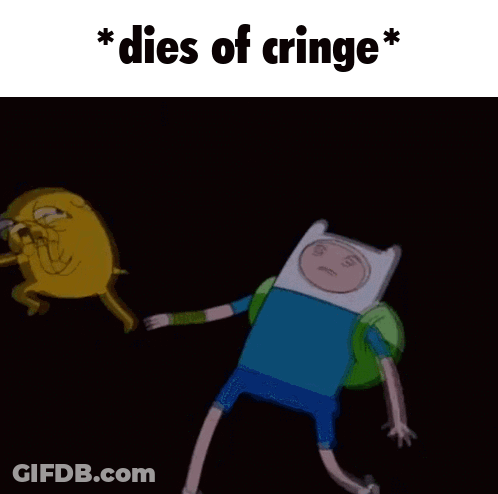 A Cartoon Character With The Words " Dies Of Cringe " On The Bottom GIF