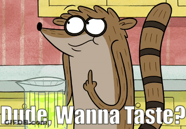 A Cartoon Character With The Words Dude Wanna Taste Written Below Him GIF