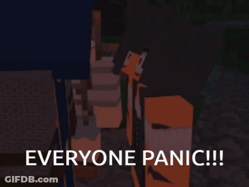A Cartoon Character With The Words Everyone Panic Written On The Bottom GIF