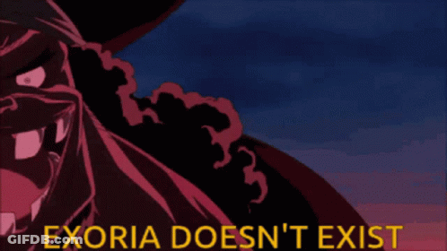 A Cartoon Character With The Words Exoria Does N't Exist In Yellow GIF