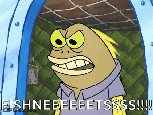 A Cartoon Character With The Words Fishneeeeetssss GIF
