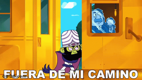A Cartoon Character With The Words Fuera De Mi Camino Written Below Him GIF