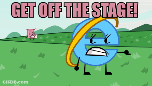 A Cartoon Character With The Words Get Off The Stage On It GIF