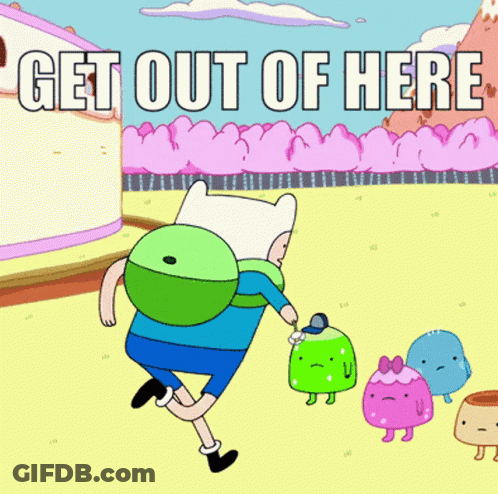 A Cartoon Character With The Words Get Out Of Here GIF