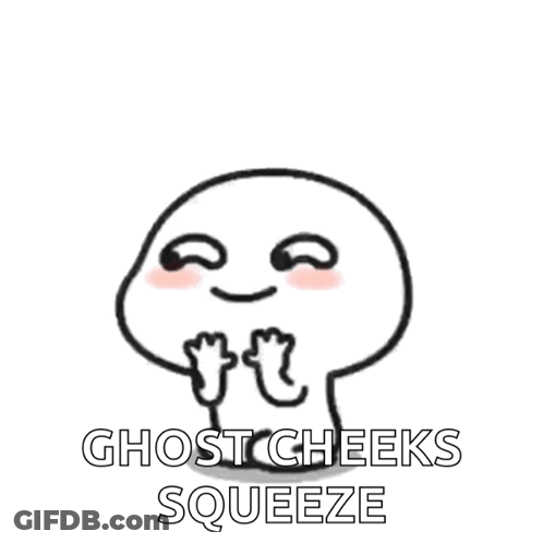 A Cartoon Character With The Words Ghost Cheeks Squeeze Written Below It GIF