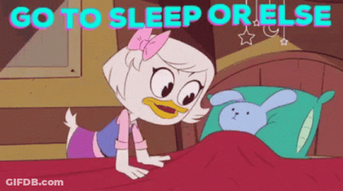 A Cartoon Character With The Words Go To Sleep Or Else Written Above Her GIF