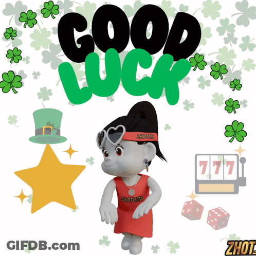 A Cartoon Character With The Words Good Luck Written Above Her GIF