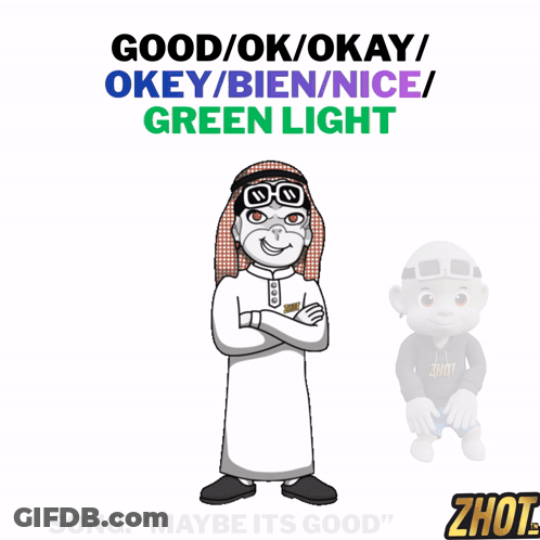 A Cartoon Character With The Words Good / Ok / Okay / Okey / Bien / Nice / Green Light Behind Him GIF