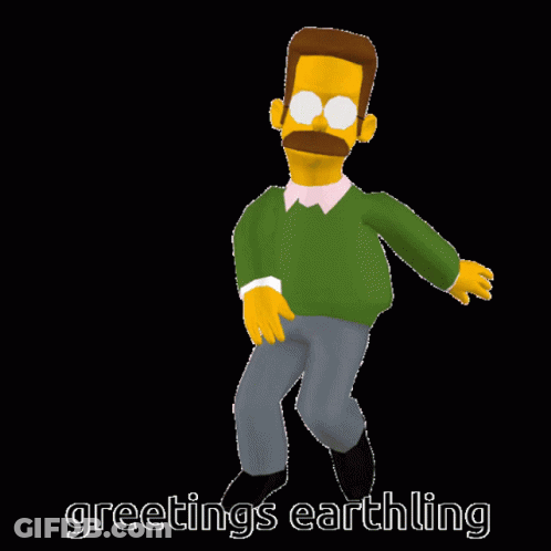 A Cartoon Character With The Words Greetings Earthling Written On The Bottom GIF