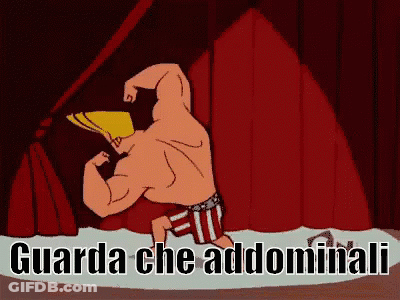 A Cartoon Character With The Words Guarda Che Addominali Below Him GIF