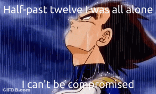 A Cartoon Character With The Words Half Past Twelve I Was All Alone I Can 'T Be Compromised On The Bottom GIF