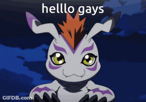 A Cartoon Character With The Words Hello Gays Written On It GIF