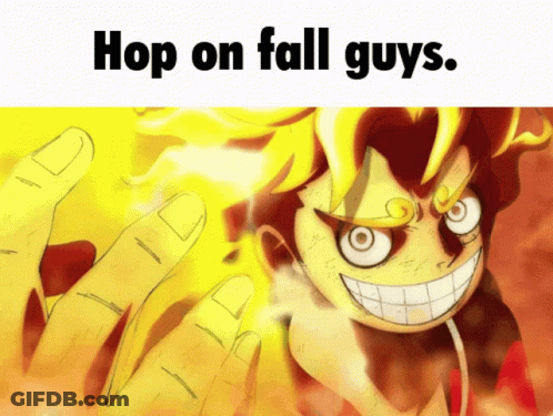 A Cartoon Character With The Words Hop On Fall Guys Above Him GIF