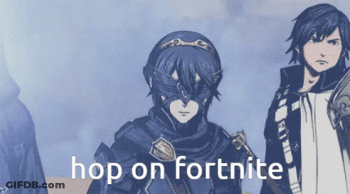 A Cartoon Character With The Words Hop On Fortnite Written On The Bottom GIF