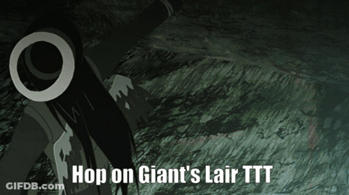 A Cartoon Character With The Words Hop On Giant 'S Lair Ttt GIF
