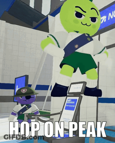 A Cartoon Character With The Words Hop On Peak Below Him GIF