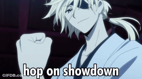 A Cartoon Character With The Words Hop On Showdown Written Below Him GIF
