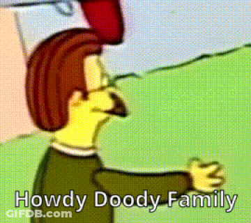 A Cartoon Character With The Words Howdy Doody Family Written On It GIF
