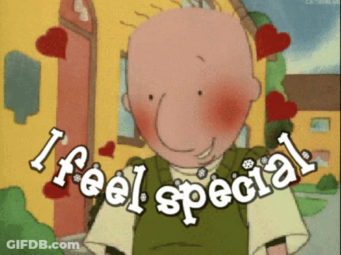 A Cartoon Character With The Words " I Feel Special " On It GIF