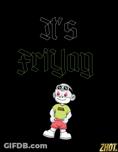 A Cartoon Character With The Words It 'S Friday Written Above Him GIF