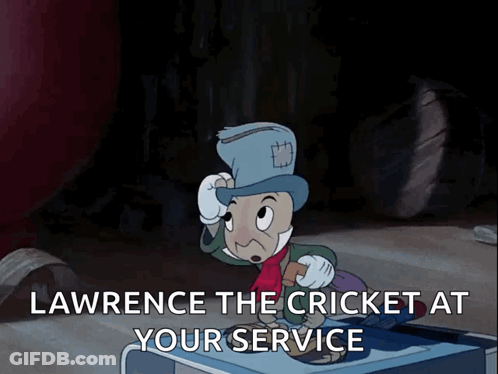 A Cartoon Character With The Words Lawrence The Cricket At Your Service Above Him GIF
