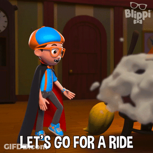 A Cartoon Character With The Words Let 'S Go For A Ride GIF
