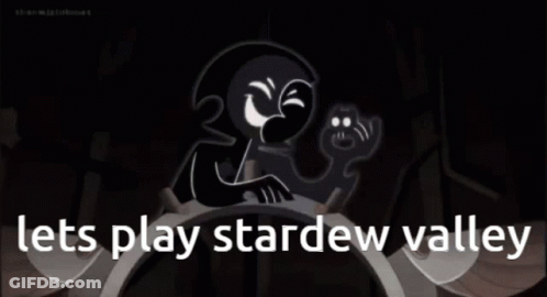 A Cartoon Character With The Words Lets Play Stardew Valley On The Bottom GIF