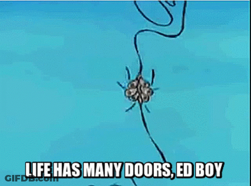 A Cartoon Character With The Words Life Has Many Doors Ed Boy On The Bottom GIF