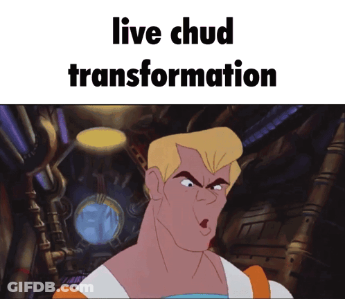 A Cartoon Character With The Words Live Chud Transformation GIF