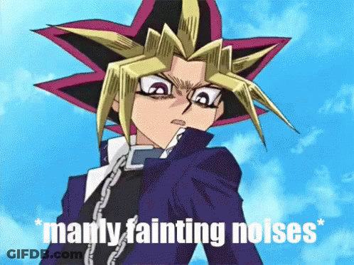 A Cartoon Character With The Words Manly Fainting Noises Below Him GIF