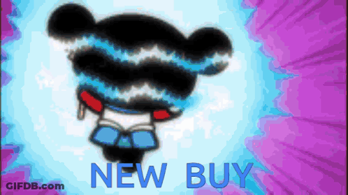 A Cartoon Character With The Words New Buy Written Below It GIF