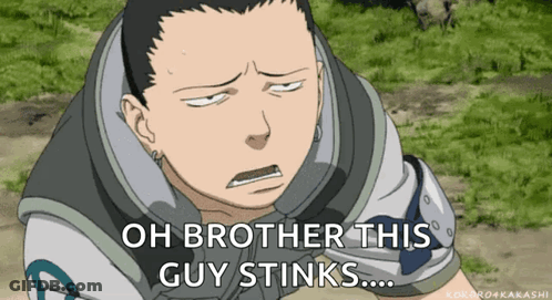 A Cartoon Character With The Words Oh Brother This Guy Stinks Below Him GIF