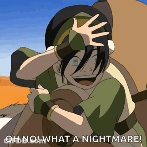 A Cartoon Character With The Words Oh No What A Nightmare Behind Him GIF