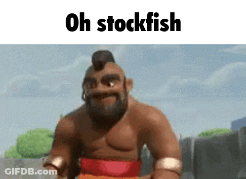 A Cartoon Character With The Words Oh Stockfish Written Above Him . GIF