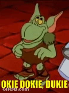 A Cartoon Character With The Words Okie Dokie Dukie In Yellow Letters GIF