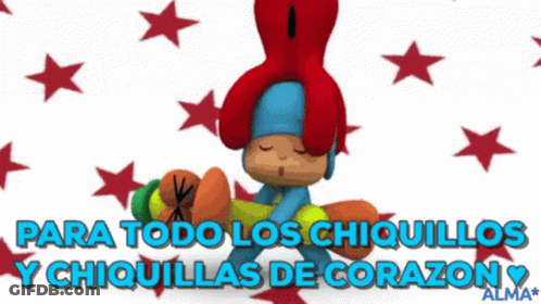 A Cartoon Character With The Words Para Todo Los Chiquillos Y Chiquillas De Corazon On The Bottom GIF