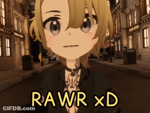 A Cartoon Character With The Words Rawr Xd On The Bottom Right GIF