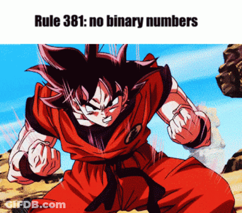 A Cartoon Character With The Words Rule 381 No Binary Numbers On The Bottom GIF