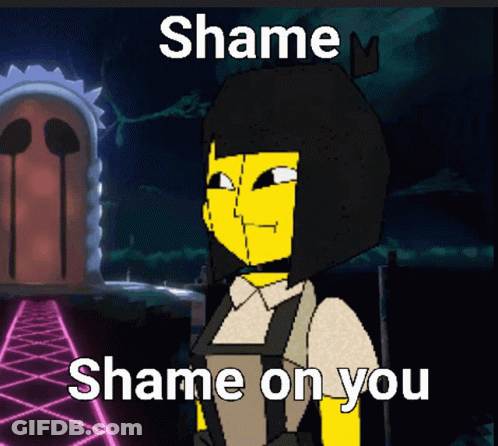 A Cartoon Character With The Words Shame Shame On You Written On It GIF